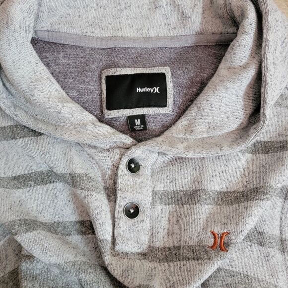 Hurley Hoodie Mens Medium Gray Striped Pullover Casual Surf Henley - Picture 12 of 15